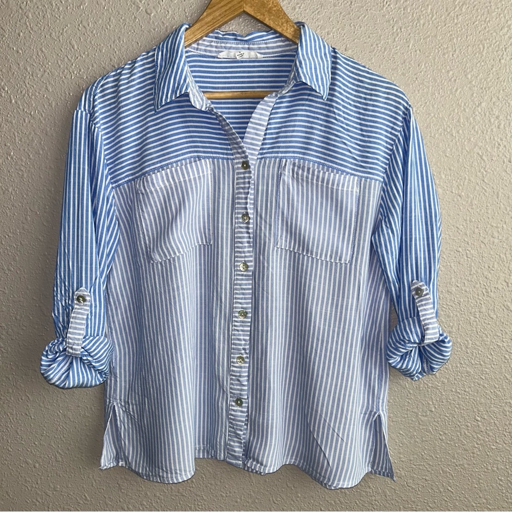 Jane + Delancey Blue Color Block Striped Long Sleeve Button Up Roll Cuff Shirt - Picture 1 of 7